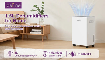 LOEFME Electric Dehumidifier 8 L/Day 40 dB Quiet for 30 m² Room with 1.5L Tank and LED Display 3 Mode Portable Room Dehumidifier.