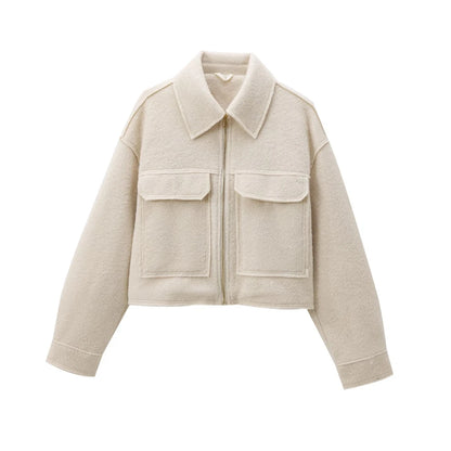TRZA-Kurzjacke mit Taschen für Damen, Langarmmantel, Reißverschluss vorne, Damenoberbekleidung, schicke Oberteile, Mode