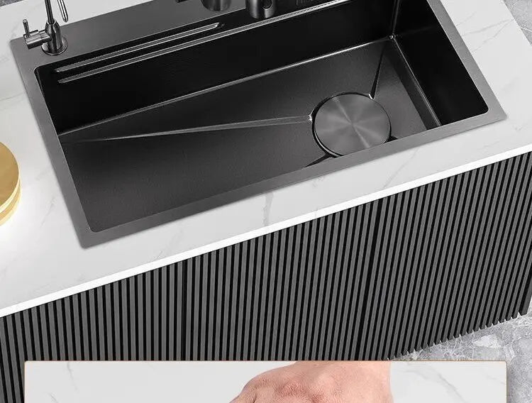 Gray Large Single Slot Stainless Steel Kitchen Sink Multifunctional Wash Dish Basin Nano Honeycomb Embossed Undermount Basin