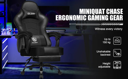 Daccormax Ergonomischer Gaming-Stuhl mit verstellbarer Lordosenstütze und Kopfstütze, Design mit hoher Rückenlehne + faltbarer Fußstütze für PC-Gamer