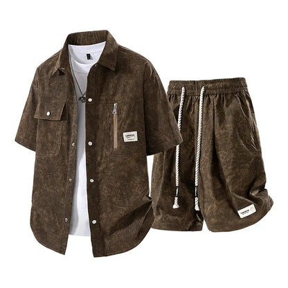 Men's Summer Casual Versatile Fashionable Cool Short-Sleeved Shirt And Shorts Set Trendy Business Casual Outfit.