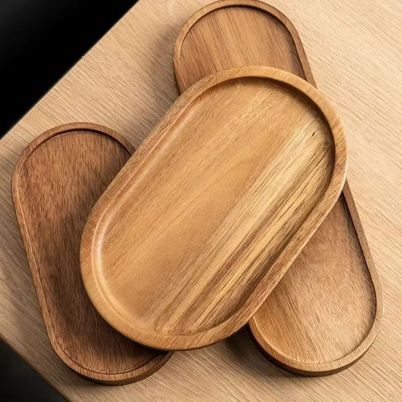 Japanese Acacia wooden tray rectangular dinner plate heat insulation solid wood grain oval bread.