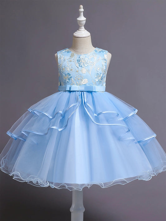 Blumen stickerei Kleid des blauen Mädchens ärmellose schlanke Prinzessin Geburtstags feier Kleid Klavier Performance tragen