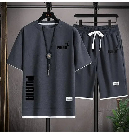 Summer 2025 Men's breathable fitness set, round-neck sports short-sleeved T-shirt + casual running shorts, 2-piece set, M-3XL