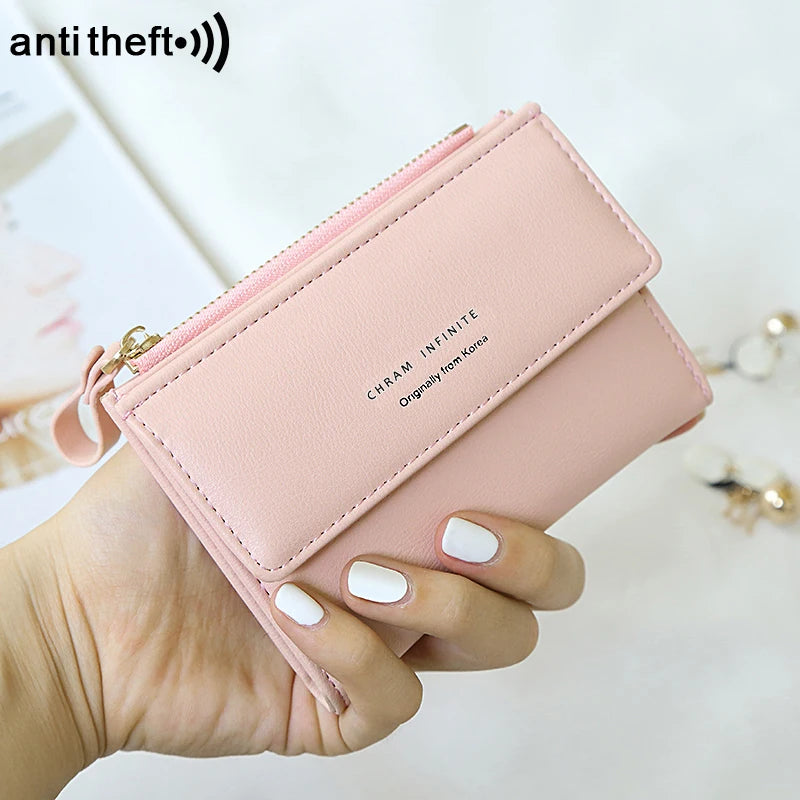 RFID Anti-Theft Short Card Bag for Women, Brush, PU, Solid Color, Zipper Buckle, Multi-functional Fashion, Small Purse.