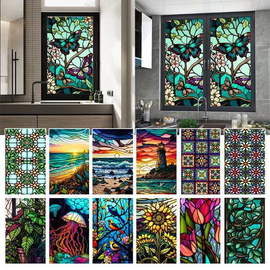 Colorful Retro Flower Bird Window Film PVC Electrostatic Glass Stickers Stained Window Films Static Cling Frosted Glass Film.