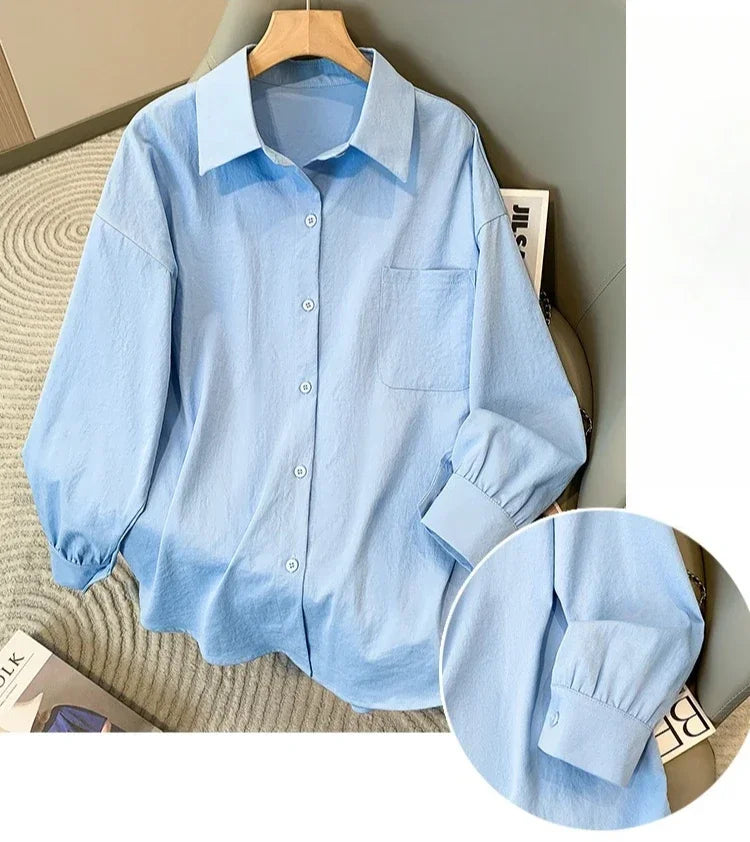 Plus Size Women's Blouses 2025 Spring Autumn Simple Lady Shirts Long Sleeve Big Pockets Shirt Loose Casual Tops.