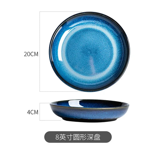 Japanese Blue Kiln Change Ceramic Tableware American Tableware Retro Household Dishes Set Rice Bowl Dishes Restaurant Plate
