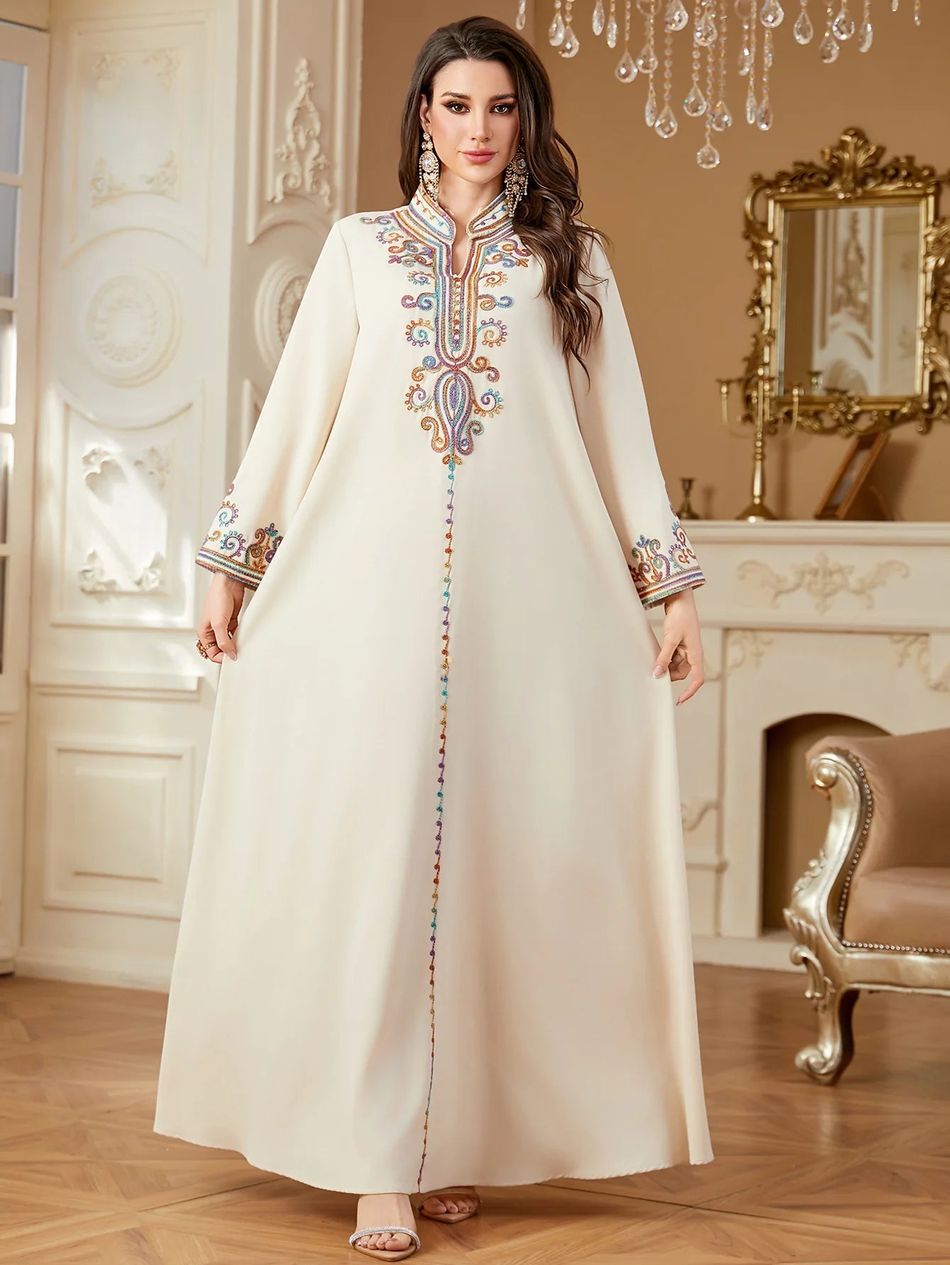 Dubai Muslim New Fashion Women's Embroidereid Long Sleeve V-neck Loose A-line Ankle Length Dresses Female Trendy Elegant Clothes.