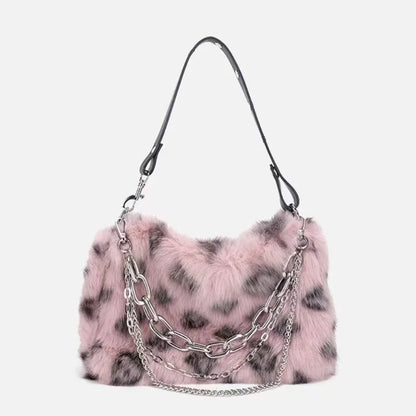 New Faux Fur Leopard Shoulder Bag Women's Autumn Winter Chain Handbags Ladies Leopard Print Clutch Purses Fluffy Top Handle Bags.