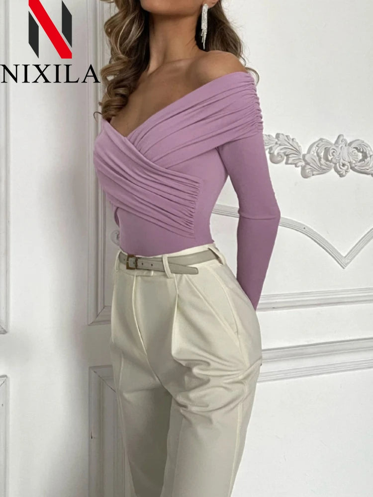 New Summer One Shoulder Jumpsuit Women‘s Bodysuit Long Sleeve Bodycon Tops Sexy Off Shoulder Skinny T-Shirts Playsuits for Women.