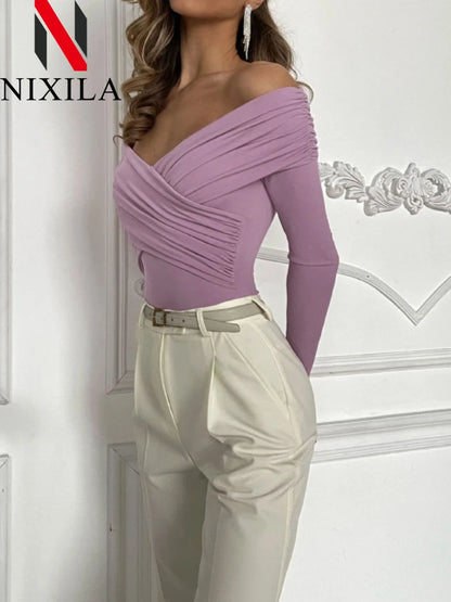 New Summer One Shoulder Jumpsuit Women‘s Bodysuit Long Sleeve Bodycon Tops Sexy Off Shoulder Skinny T-Shirts Playsuits for Women.