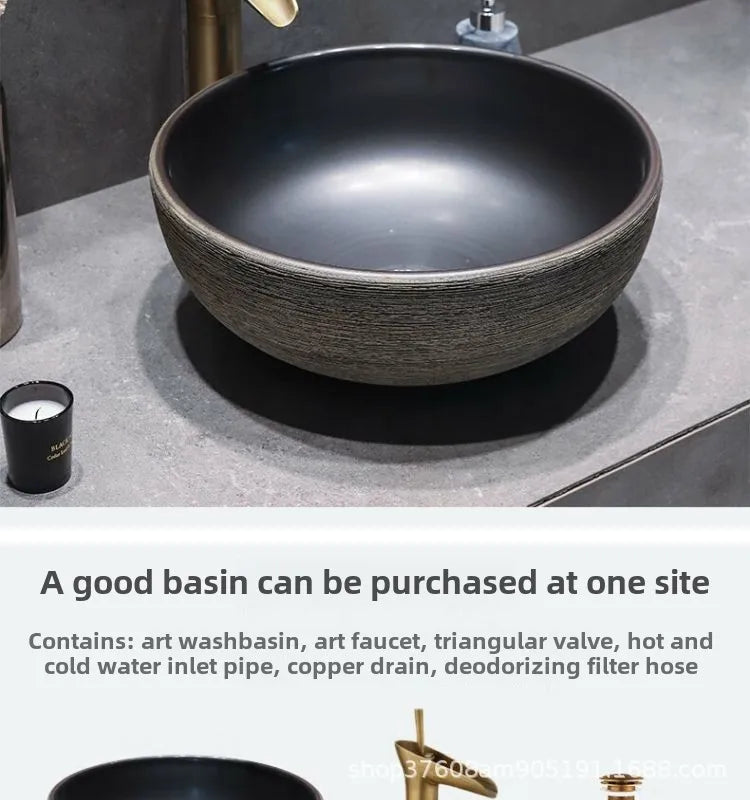 Jingdezhen Keramikgefäßwaschbecken – handgefertigtes rustikales Schwarz- und Sandkunstwaschbecken mit Spritzschutz-Design für den Badezimmer-Waschtisch individuell anpassbar