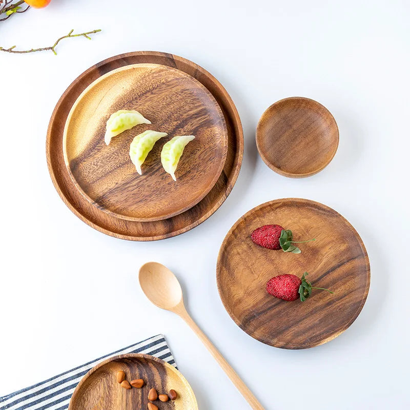 Wooden Trays Round Storage Plate SolidWood Coffee cup Mat KitchenDecorative Plate Fruit Bread TablewareHome Decoration.