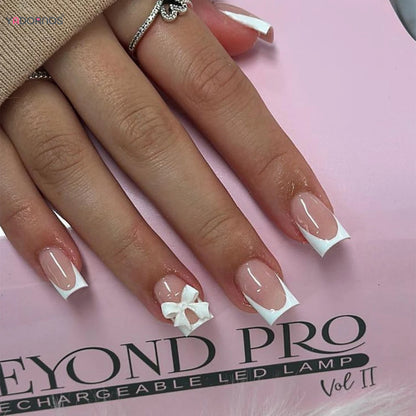 White French Press on Nails 3D Bowknot Fake Nails Tips Full Cover Wearable False Nails for Women and Girls DIY Manicure 24Pcs.