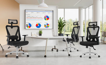 Durrafy Ergonomischer Bürostuhl, Schreibtischstuhl mit Kopfstütze, Armlehnen, Drehstühle mit 90er ° -130 °   Liegefunktion (abschließbar)