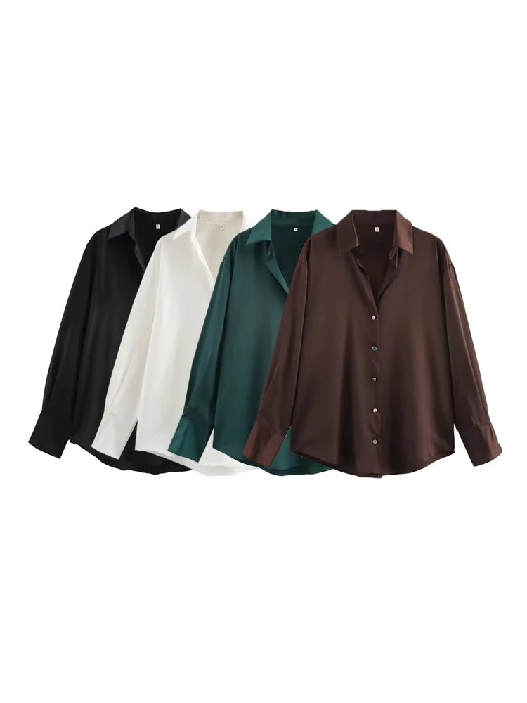 Women's Chic Lapel Collar Blouse Long Sleeve Button-Up Fashion Flowing Top Elegant Female Shirt Office.