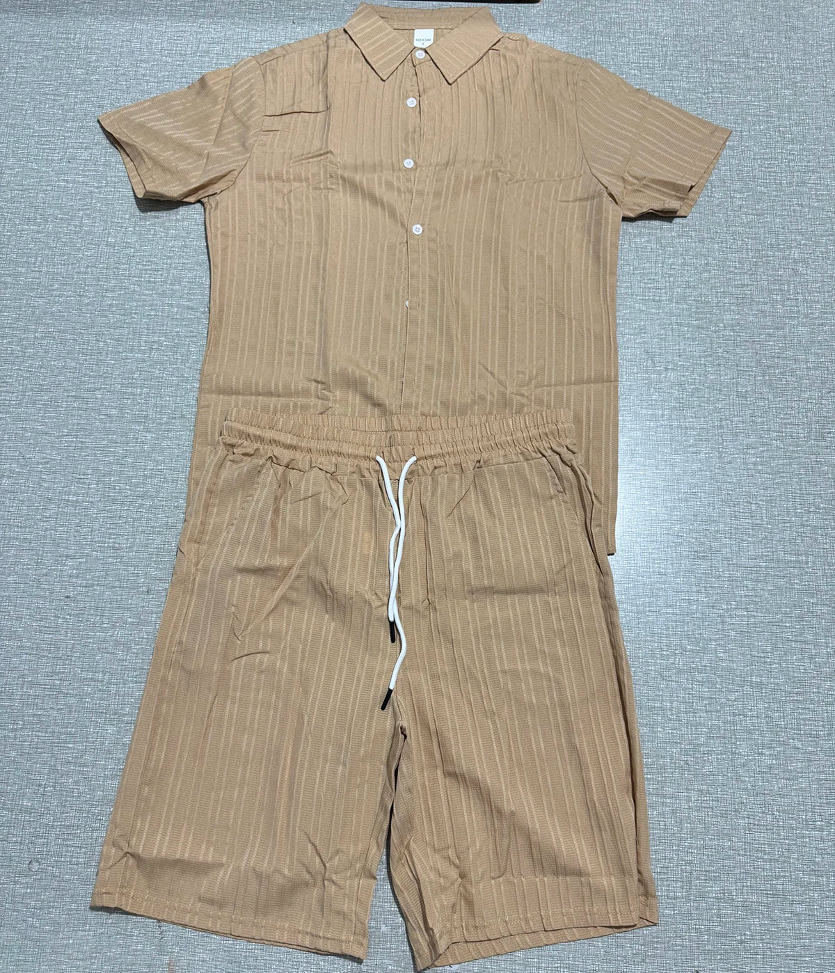 Lazy Street Style Vertical Stripe Slimming Shirt Shorts Two-piece Set No Need To Pair With Autumn Men's Thin Knit Sports Suit.