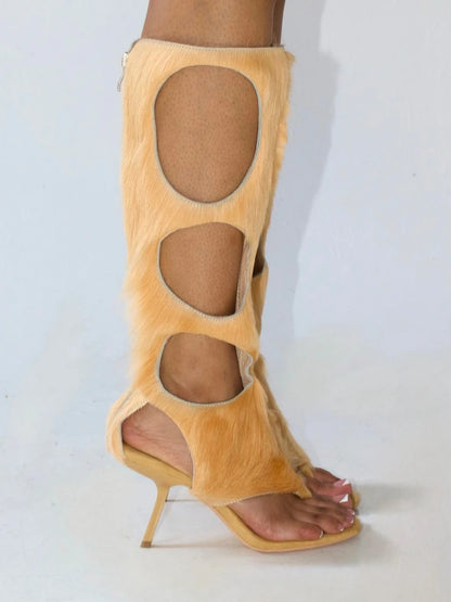 2025 New Luxury Women's Knee-High Boots | Real Horsehair Cut-Out Stiletto Heel & Rear Zipper | Evening Party Club Dress Shoes