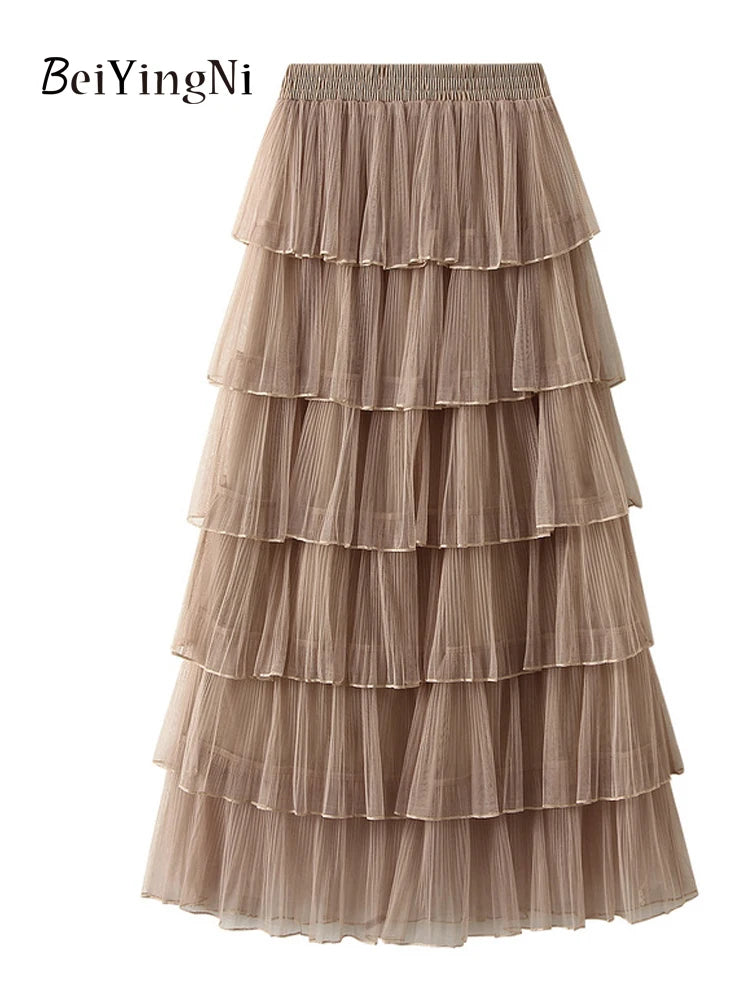 Beiyingni Woman Mesh Long Midi Cake Skirt Solid Color Elegant French Tiered Fairy Tulle Skirts Khaki Casual High Waist Faldas.
