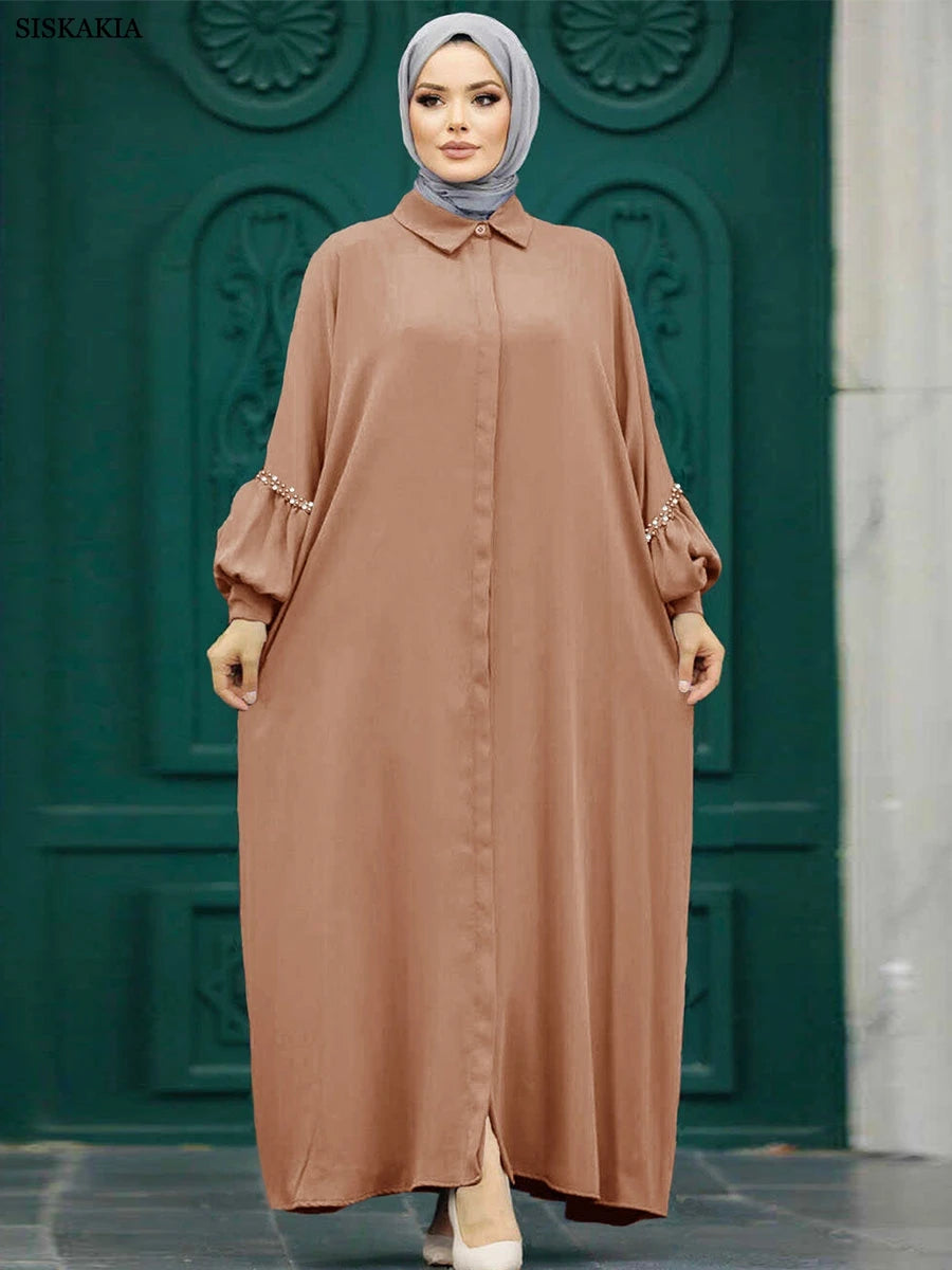 Siskakia Solid Muslim Woman Elegant Beaded Cardigan Long Dress With Loose Batwing Sleeve Moroccan Dubai Saudi Kebaya Robe  2024.