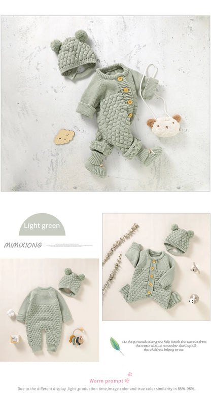 Autumn Baby Rompers Solid Long Sleeve Knitted Newborn Boys Girls Winter Outwear Jumpsuits Hats Clothes Sets 0-18m Infant Outfits