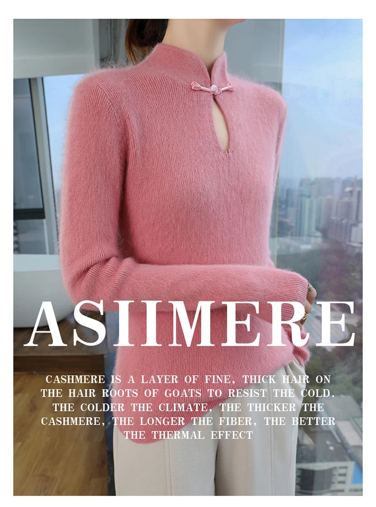 2024 autumn winter new 100% mink cashmere sweater women's pullover slim-fit long sleeve solid color stand collar bottom knitwear.