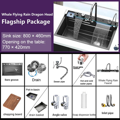 Stainless Steel Digital Kitchen Sink Large Waterfall Pull Out Faucet Honeycomb Embossed Sink Set