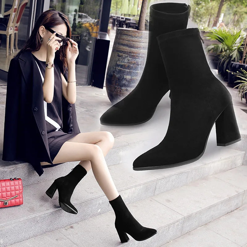 2022 Winter New Thick Heel Suede Pointed Shoes Women's Warm Fashion High Heels Sexy Versatile Short Boots Botte Femme Hiver.