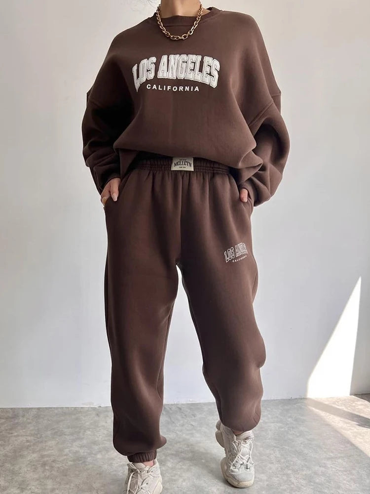 Warm Suit Autumn Winter Women Solid Set Elegant O-neck Pullover Hoodie And Pocket Trousers Two-Piece Set Lady Casual Loose Sets.