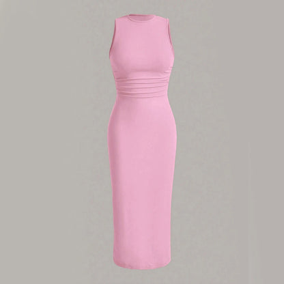 Mia Muse Damenkleider für alle Jahreszeiten, minimalistisch, schlicht, ärmellos, Rundhalsausschnitt, Wickel-MIDI-Partykleider