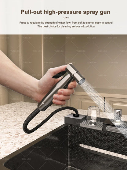 Stainless Steel Waterfall Kitchen Sink New Embossed Extra Large Single Slot Modern Digital Display Dishwashing Basin