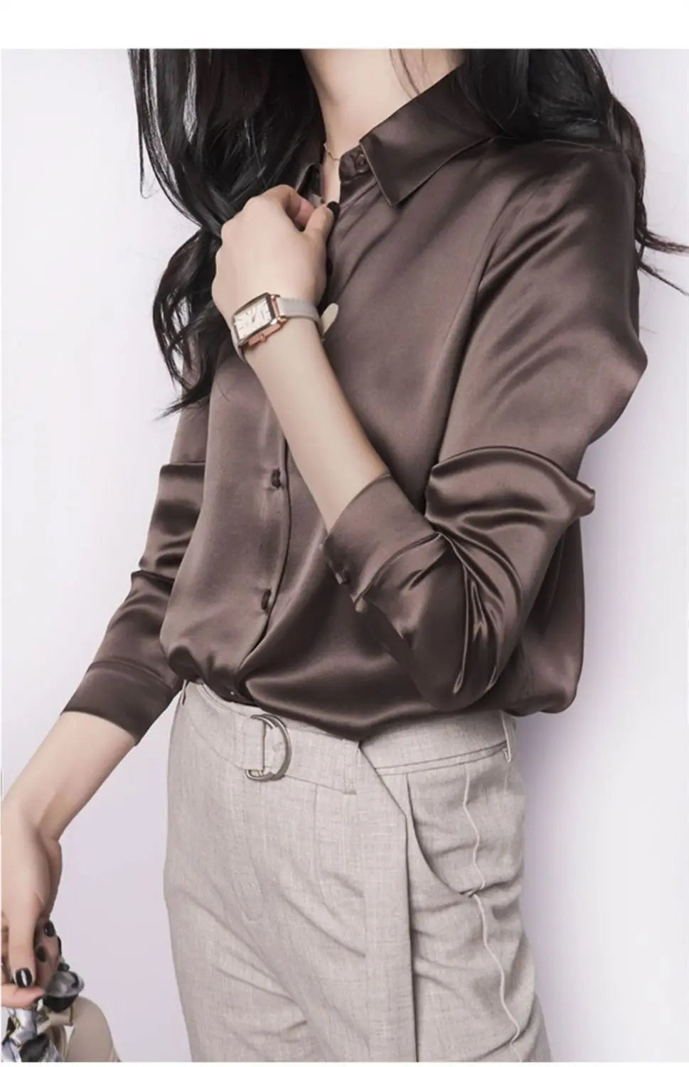 Spring Summer Casual Women's Satin Shirt Lapel Long Sleeve Blouse Loose Solid Color Office Lady Fashion Shirts Top.