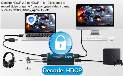 4K USB 3.0 Video Capture Card HDMI Bypass HDCP 1080P 60Hz HD Video Recorder Grabber For PS5 OBS Game Recording Live Streaming.