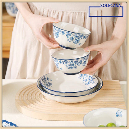 SOLECASA English Retro Ceramic Tableware Blue Flowers Pattern Household Salad Bowls Steak Plate Fruit Dessert Plates Dinnerware.