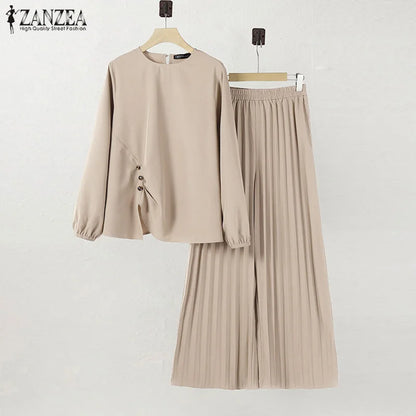 ZANZEA Muslim Sets Fashion 2pcs Women Long Sleeve Blouse Wide Leg Pant Sets Causal Spring Solid Work Outfits Islamic Clothing.