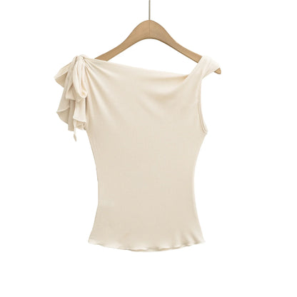 Shoulder Bared Short Sleeve T Shirt Women's Spicy Girl Design Slimming Top Summer New Style One Word Oblique Shoulder Tie Waist