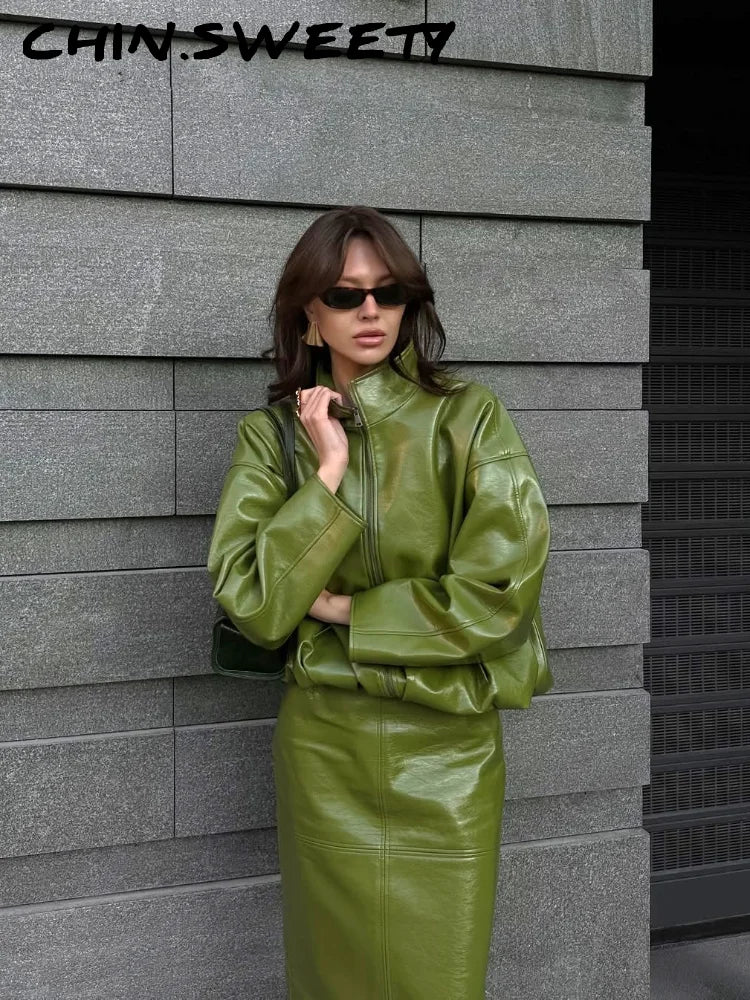 Stylish Leather Solid Jacket Pants Set Women Stand Collar Zipper Coat Loose Trousers Sets Female 2025 Autumn Fashion Streetwears.