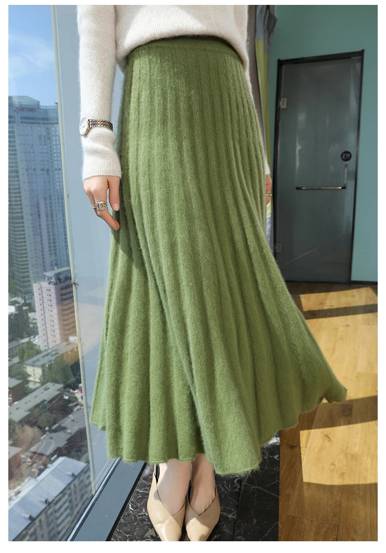 Autumn And Winter Fashion Mink Cashmere Mid Length High Waist Skirt For Women, Knitted Umbrella Skirt, Fashionable Pleated Skirt