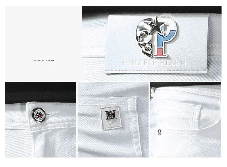 2025 Spring Summer New 98%Cotton Men's Slim Jeans Straight Casual Fashion Pencil Pants High Quality Trousers Male Clothes White.