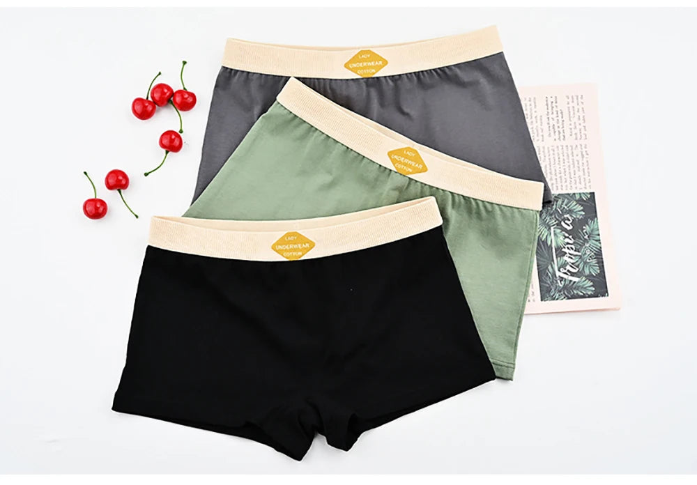 3PCS/Pack 100% Cotton Multicolor Solid Women's Boxer Knit Breathable Panties Underwear Soft High Elastic Mid-rise Thin Boyshorts.