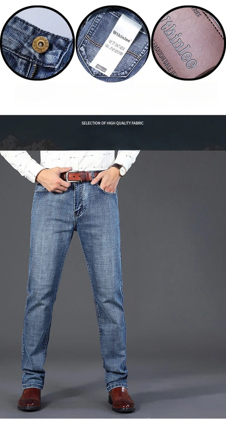 New Business Men's Jeans Casual Straight Stretch Fashion Classic Smoke Gray Blue Black Work Denim Trousers Male Brand Clothing.