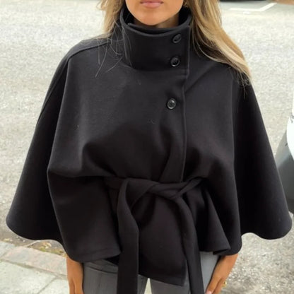 Straße Batwing Hülse Cape Gürtel Mäntel Frauen Lose Solide Stehkragen Einreiher Jacke 2025, Herbst Dame Alle-spiel chic Mantel
