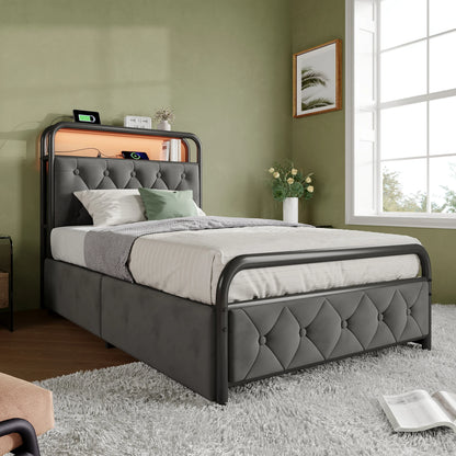 KOMHTOM Einzelbett 90x200 cm Samt - USB Type C Ladefunktion, APP-Control LED, 2 Schubladen, ohne Matratze