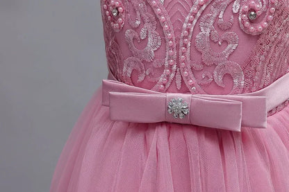 Gesticktes Mesh-Hochzeitskleid, Blumenmädchen-Performance-Mädchenkleid, 4–12 Jahre altes Mädchen-Prinzessinnenkleid mit großer Schleife.