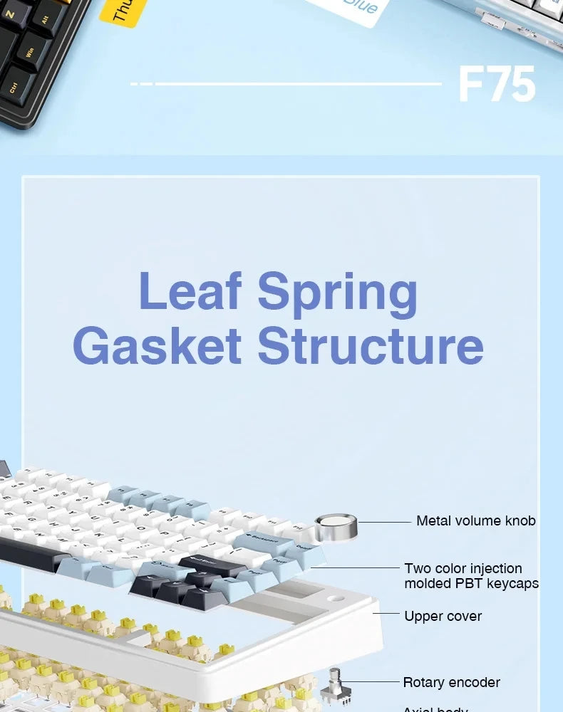 AULA F75 2.4G Wireless/Bluetooth/Wired Gaming Mechanical Keyboard RGB Customized 75% Layout OEM Profile Gasket Structure.