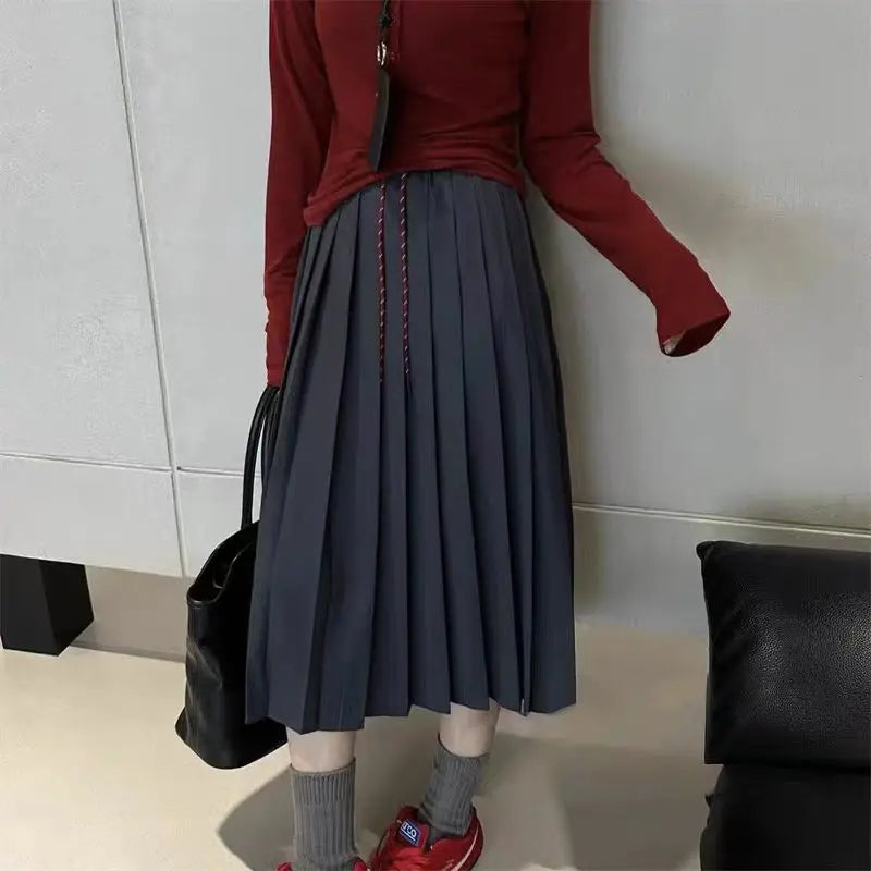 Autumn Women's Solid Color High Waist Pleated A Line Long Skirt Korean Fashion College Style Drawstring Lace-up Skirt 2024 Trend.