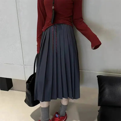 Autumn Women's Solid Color High Waist Pleated A Line Long Skirt Korean Fashion College Style Drawstring Lace-up Skirt 2024 Trend.