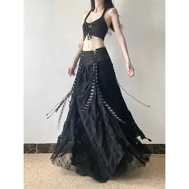 MEXZT Y2K Lace Mesh Long Skirt Women Harajuku Vintage Patchwork Bandage Black Skirts Gothic Aesthetic High Waist Chic Faldas New.
