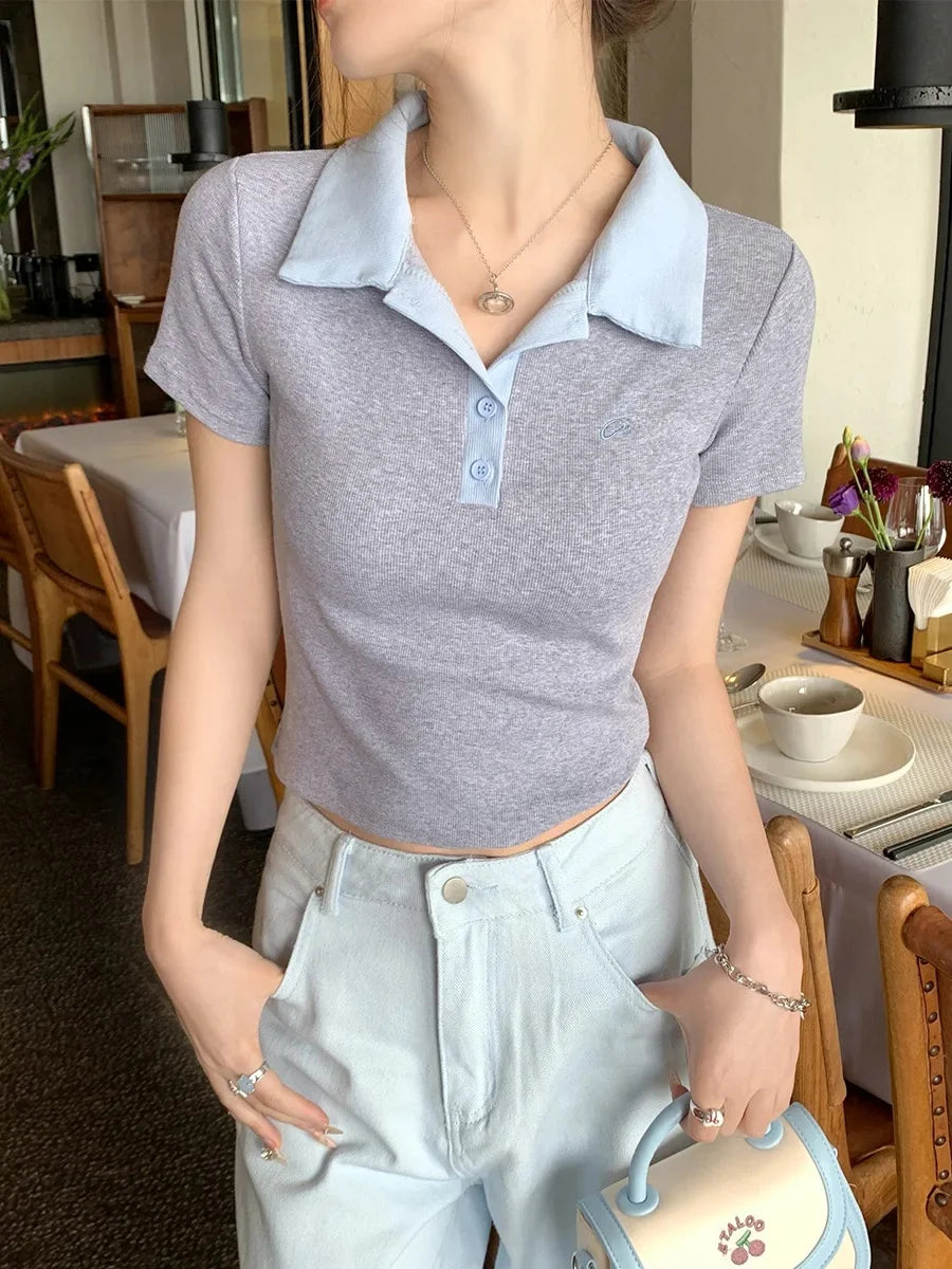 Women's Slim Fit Short Sleeve Polo Shirt Summer New Color Collision Design Red T-Shirt Top Fashionable Casual Business Wear